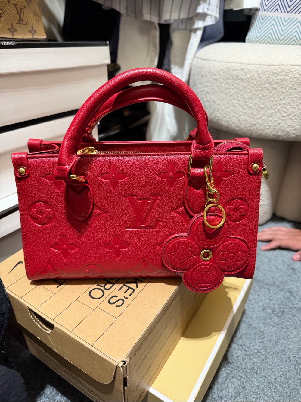 LV Inspired east meets west Monogram Embossed Handbag with bag charm